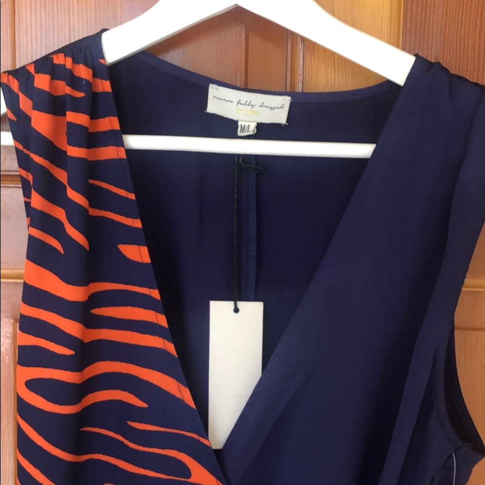 Never fully dressed Orange and navy wrap dress